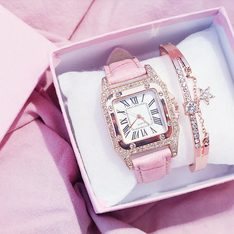 នាឡិការនារីត្បូងពេជ្រ Women Diamond Watch Starry Pink